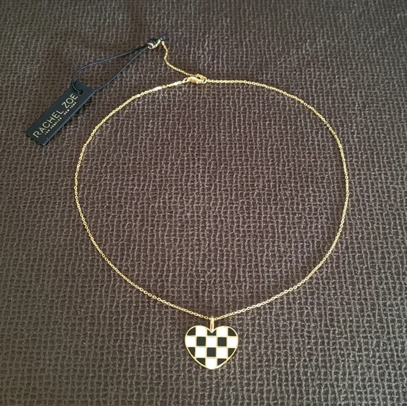 Rachel Zoe Black🖤 and White Checkered Enamel Heart♥️ Pendant Necklace - NWT - Picture 2 of 16